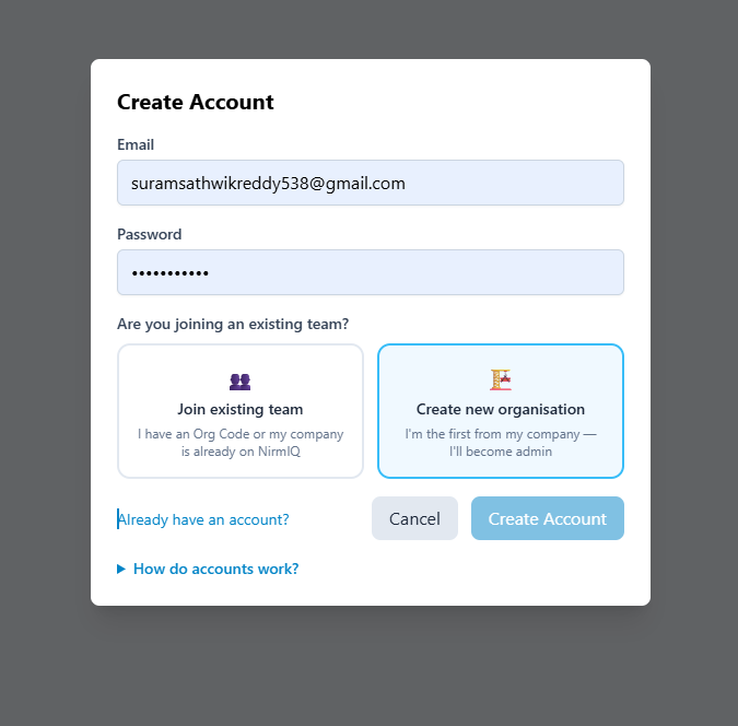 NirmIQ sign-up page