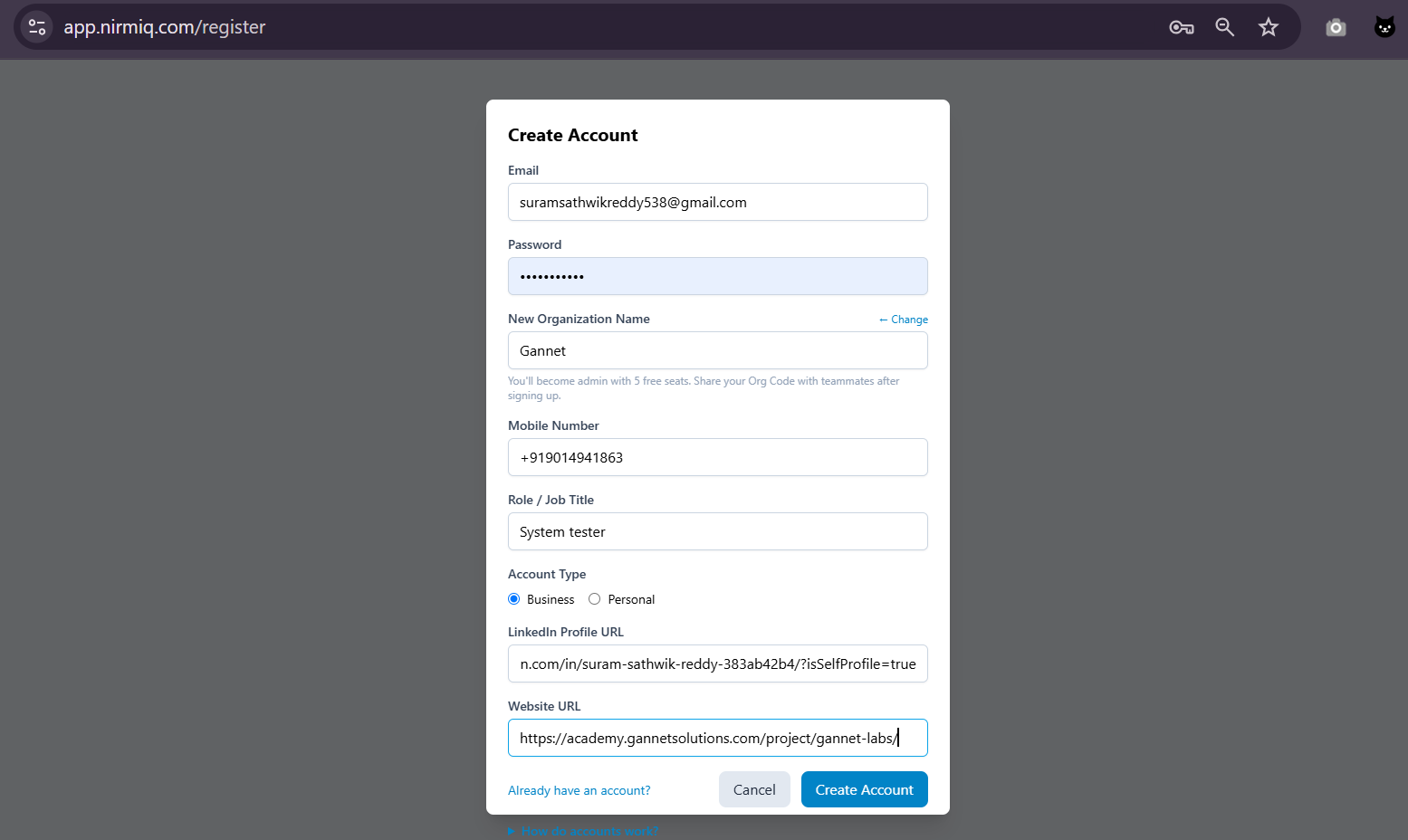 Create Organisation dialog