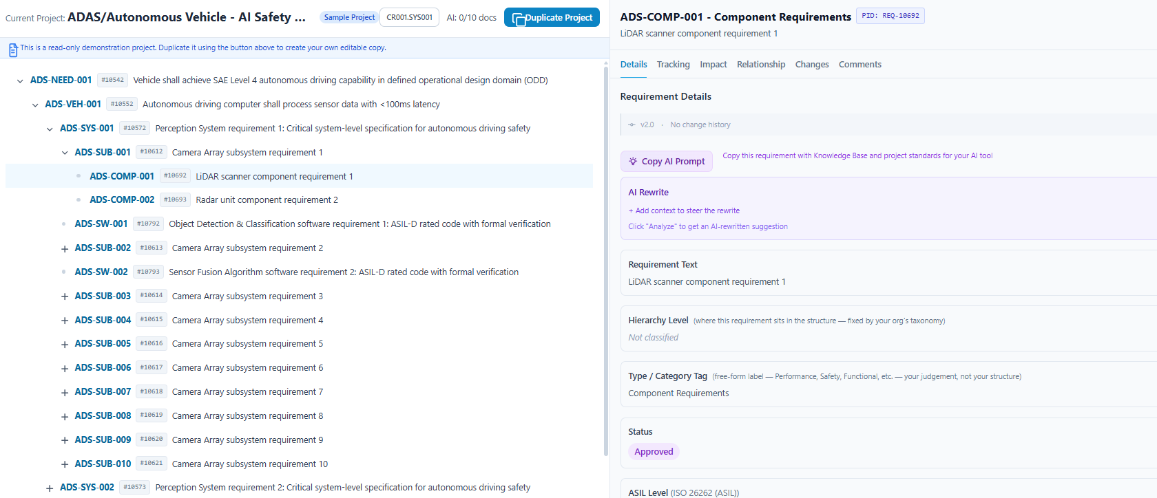 Requirements tab with hierarchy view